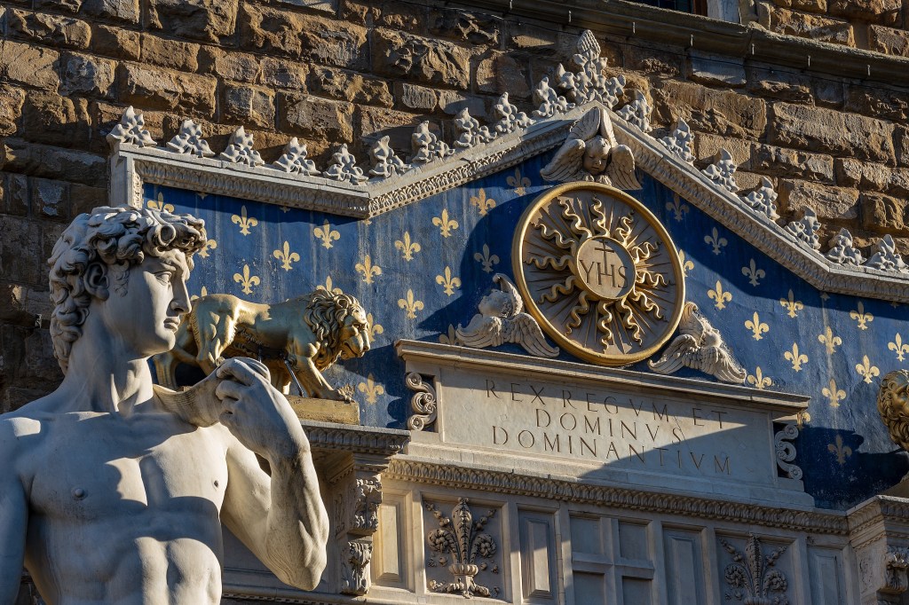 Copy of Michelangelo’s David where the original was installed outside the Palazzo Vecchio in Florence, Italy