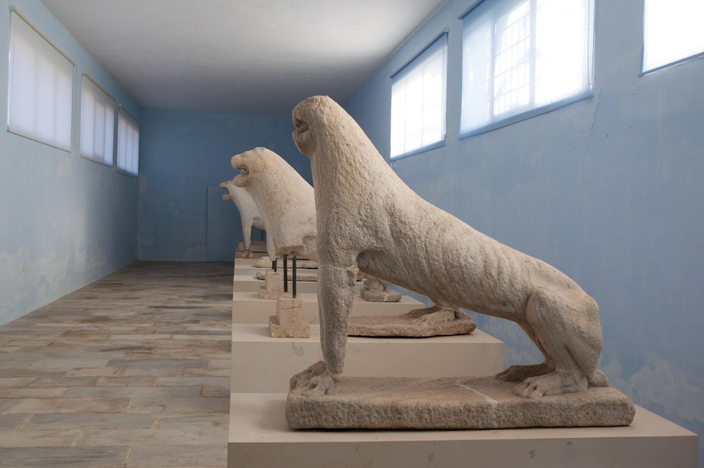 The original 7th-century BCE lions inside the onsite museum on Delos, Greece