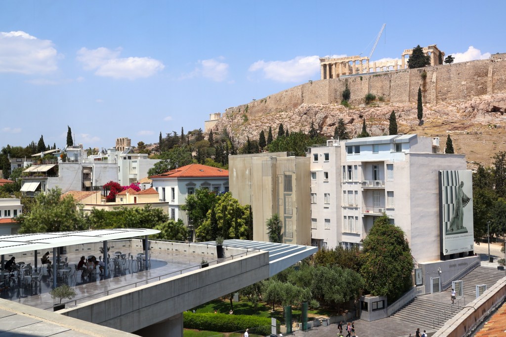 Ruins of the Parthenon viewed from the Acropolis Museum in Athens, Greece