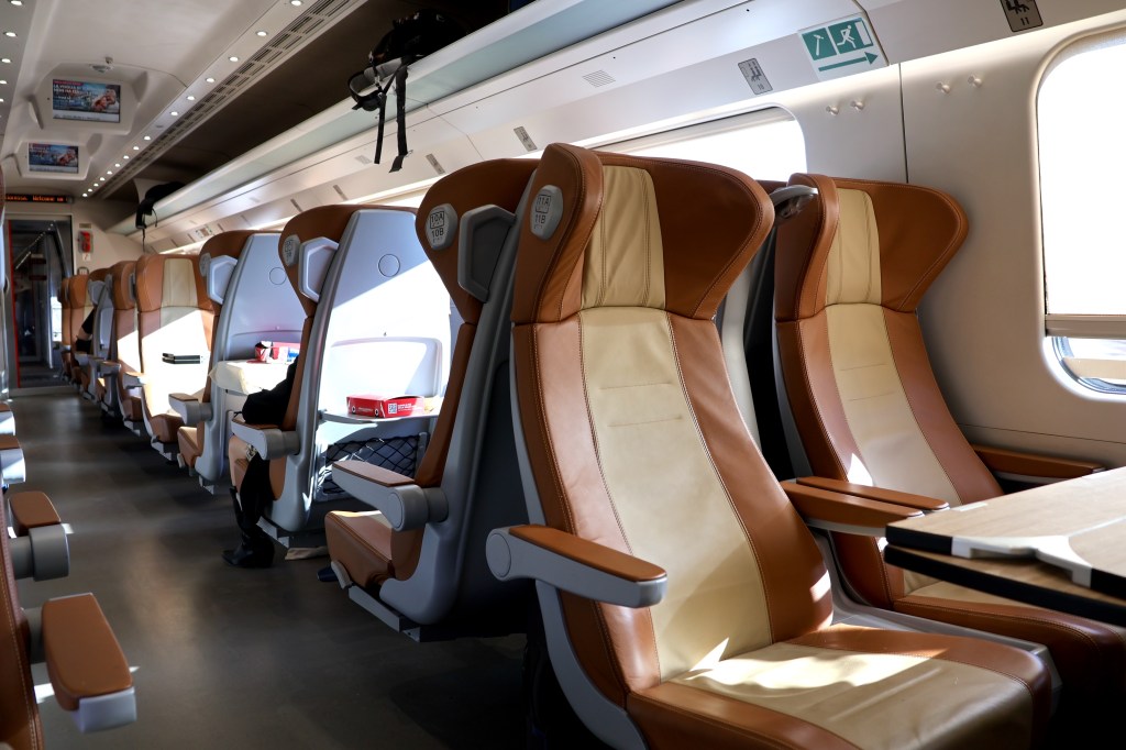 Reclining leather seats in business class (coach 2 shown) on the Frecciarossa ETR 600 high-speed train, 6 July 2024