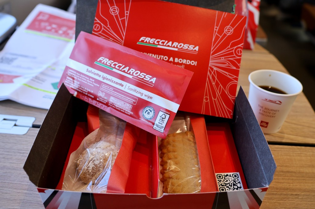 Complimentary snack box and espresso in business class on the Frecciarossa ETR 600 from Lecce to Venice (FR 8816), 6 July 2024